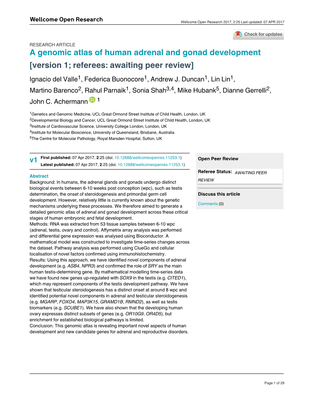 A Genomic Atlas of Human Adrenal and Gonad Development [Version 1; Referees: Awaiting Peer Review] Ignacio Del Valle1, Federica Buonocore1, Andrew J