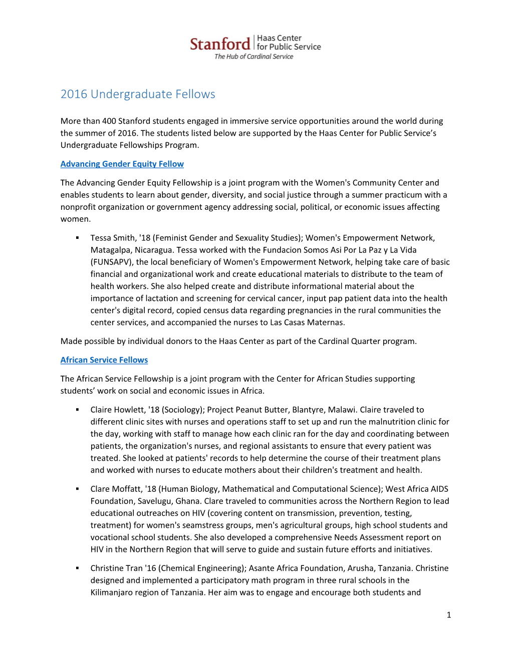 2016 Undergraduate Fellows