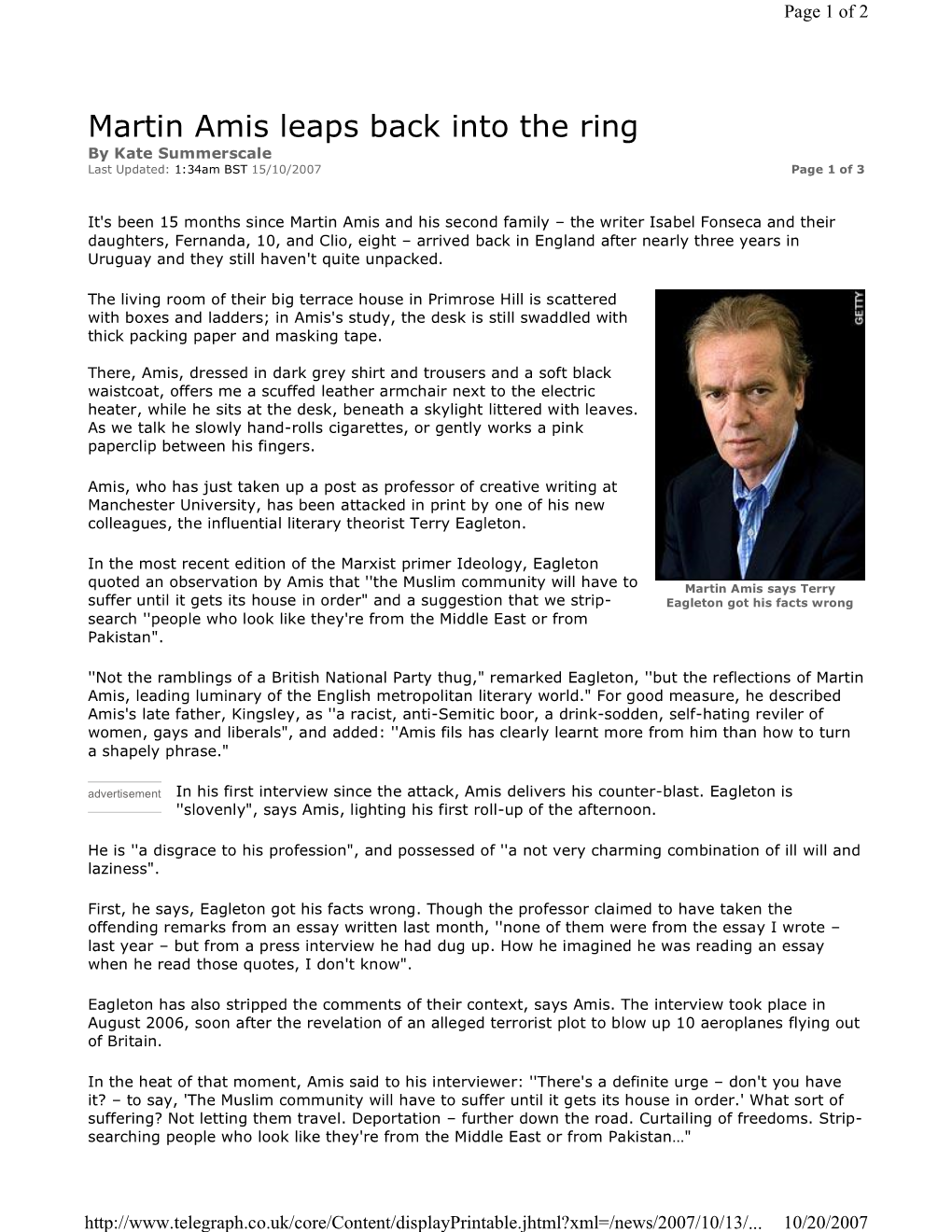 Martin Amis Leaps Back Into the Ring by Kate Summerscale Last Updated: 1:34Am BST 15/10/2007 Page 1 of 3