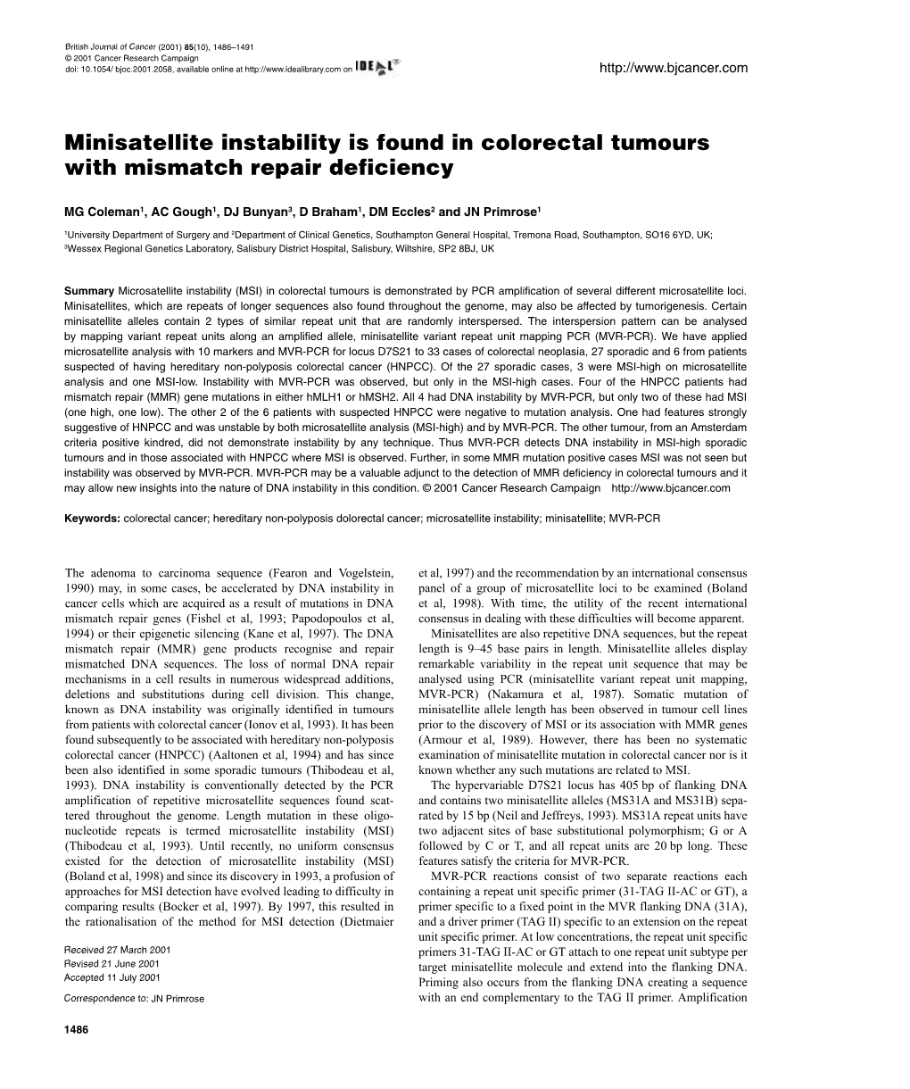 Minisatellite Instability Is Found in Colorectal Tumours with Mismatch Repair Deficiency