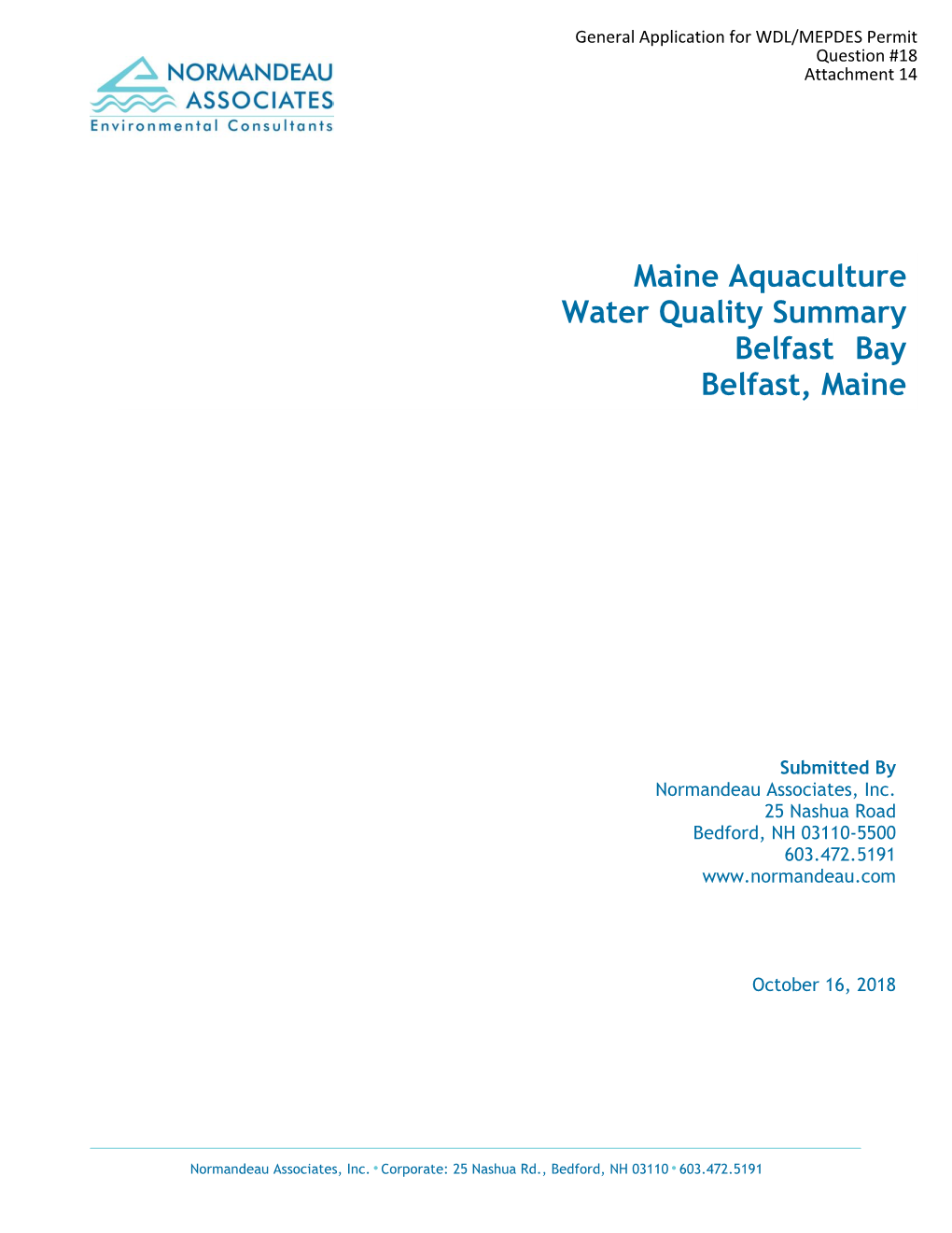 Maine Aquaculture Water Quality Summary Belfast Bay Belfast, Maine