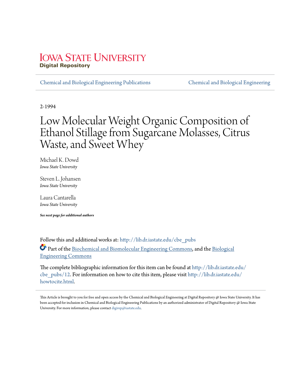 Low Molecular Weight Organic Composition of Ethanol Stillage from Sugarcane Molasses, Citrus Waste, and Sweet Whey Michael K