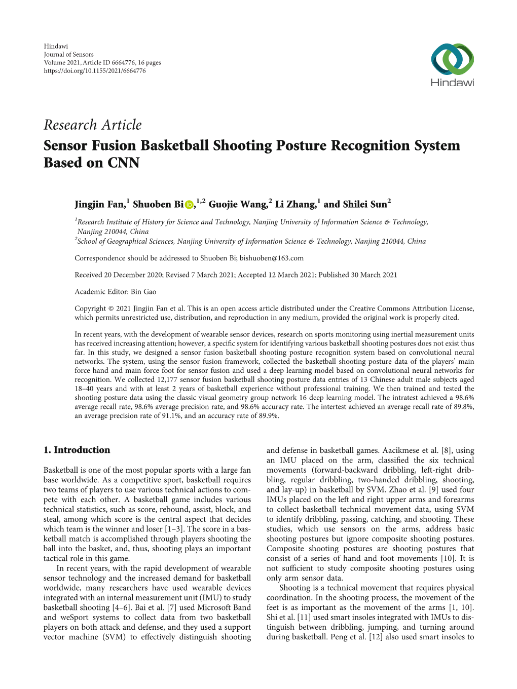 Sensor Fusion Basketball Shooting Posture Recognition System Based on CNN