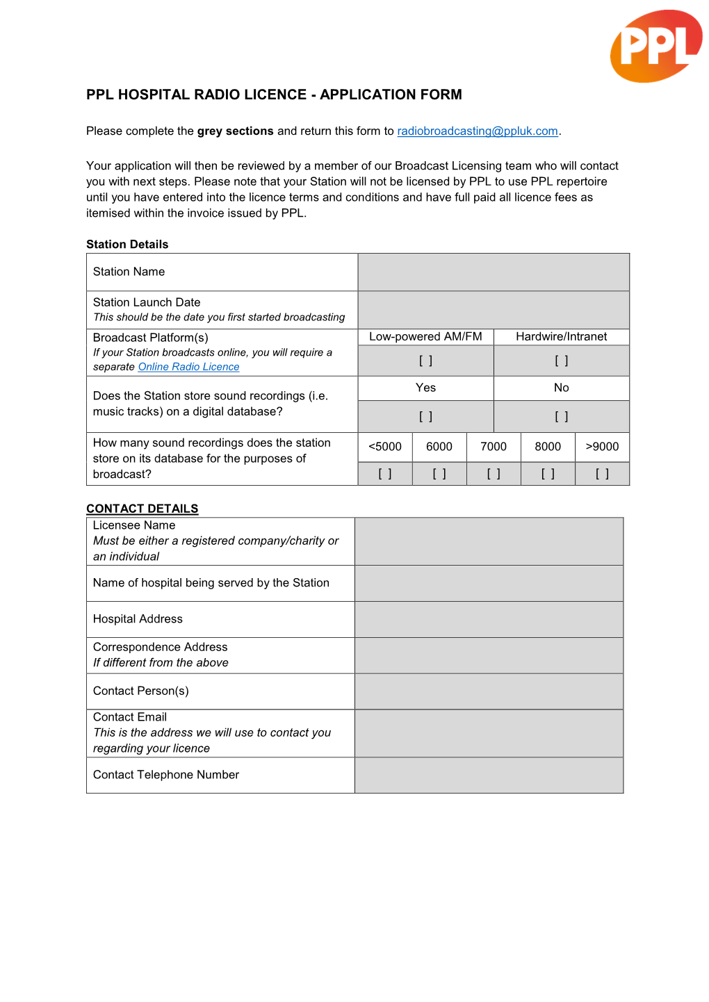 Ppl Hospital Radio Licence - Application Form