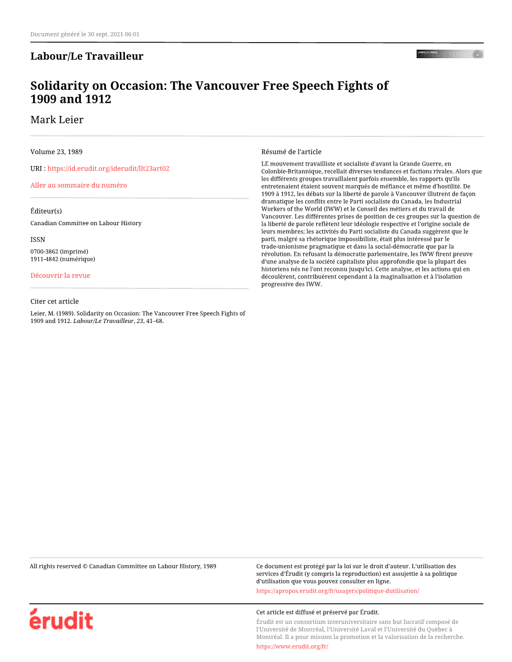 Solidarity on Occasion: the Vancouver Free Speech Fights of 1909 and 1912 Mark Leier