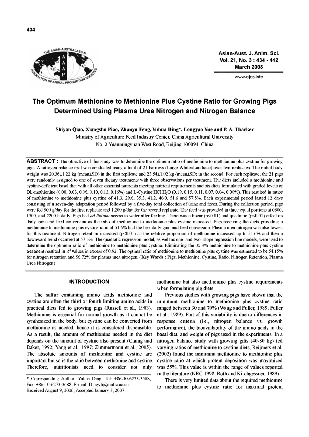 The Optimum Methionine to Methionine Plus Cystine Ratio for Growing Pigs Determined Using Plasma Urea Nitrogen and Nitrogen Balance