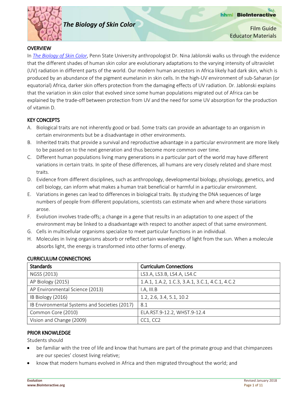 The Biology of Skin Color Film Guide Educator Materials