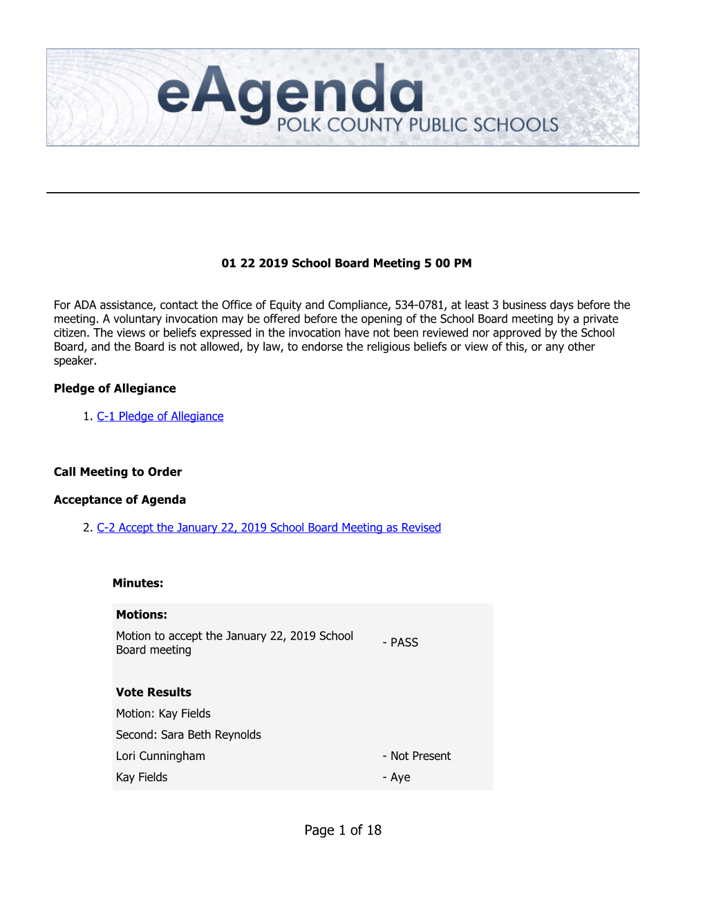 Page 1 of 18 Sarah Fortney - Aye Lisa Miller - Aye Sara Beth Reynolds - Aye Billy Townsend - Aye Lynn Wilson - Aye