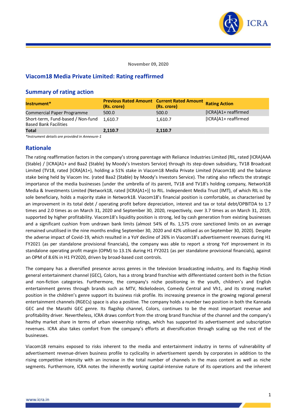 Viacom18 Media Private Limited: Rating Reaffirmed Summary of Rating Action Rationale