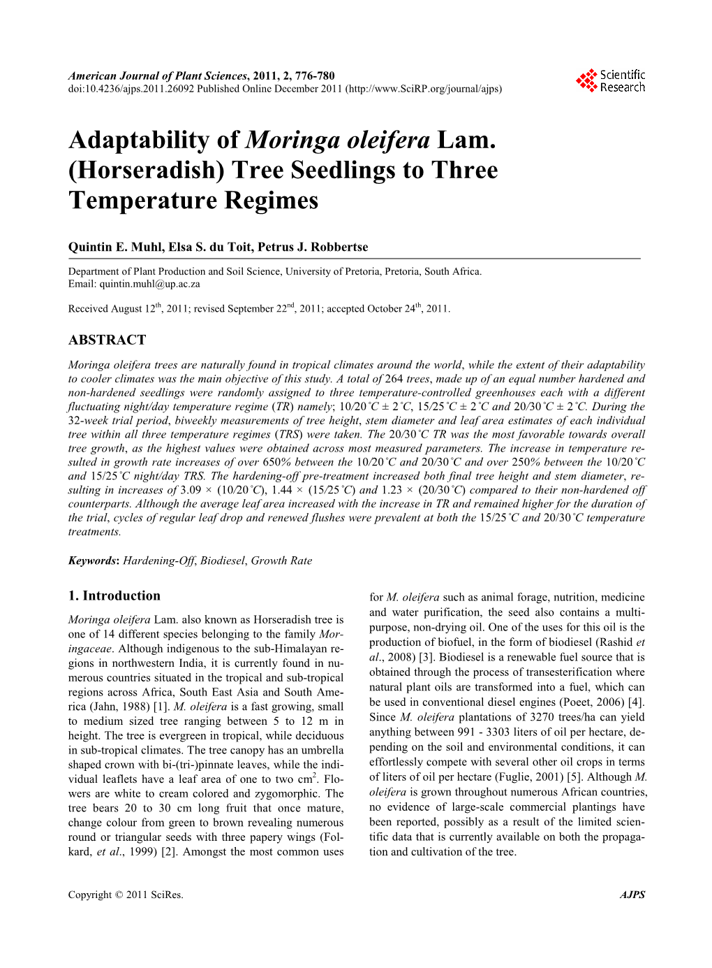 Adaptability of Moringa Oleifera Lam. (Horseradish) Tree Seedlings to Three Temperature Regimes