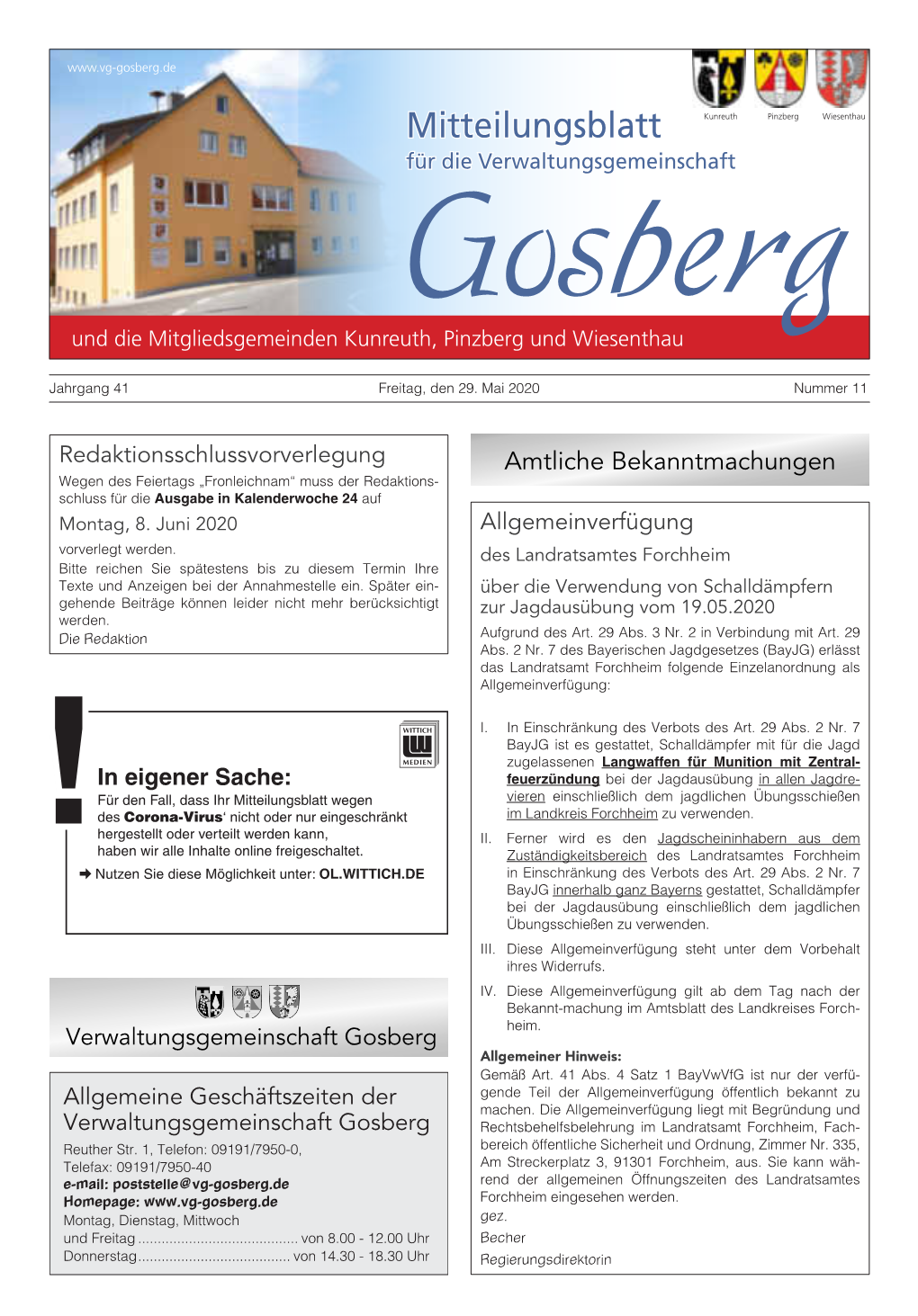 Mitteilungsblatt Kunreuth Pinzberg Wiesenthau Für Die Verwaltungsgemeinschaft Gosberg Und Die Mitgliedsgemeinden Kunreuth, Pinzberg Und Wiesenthau