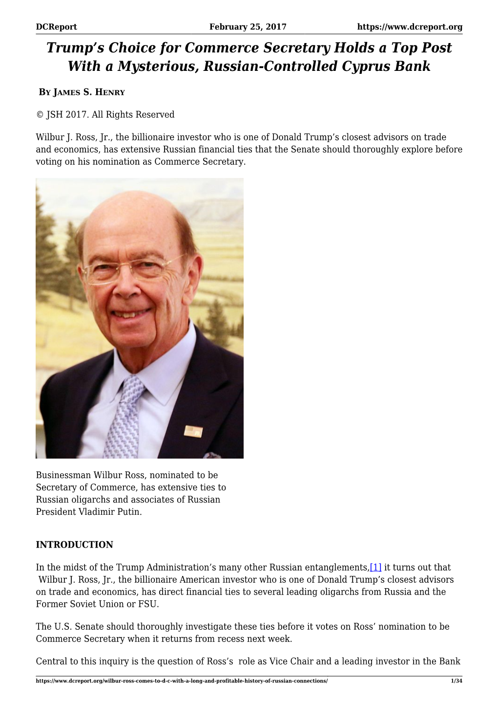 Wilbur Ross, Nominated to Be Secretary of Commerce, Has Extensive Ties to Russian Oligarchs and Associates of Russian President Vladimir Putin