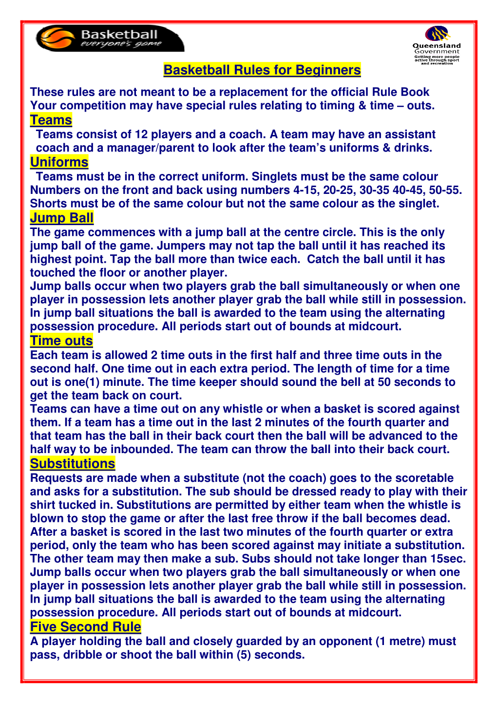 Basketball Rules for Beginners Teams Uniforms Jump Ball Time Outs