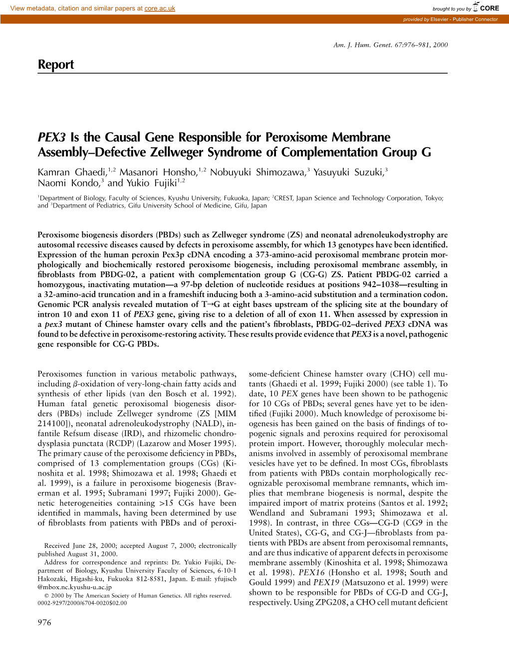 Report PEX3 Is the Causal Gene Responsible for Peroxisome