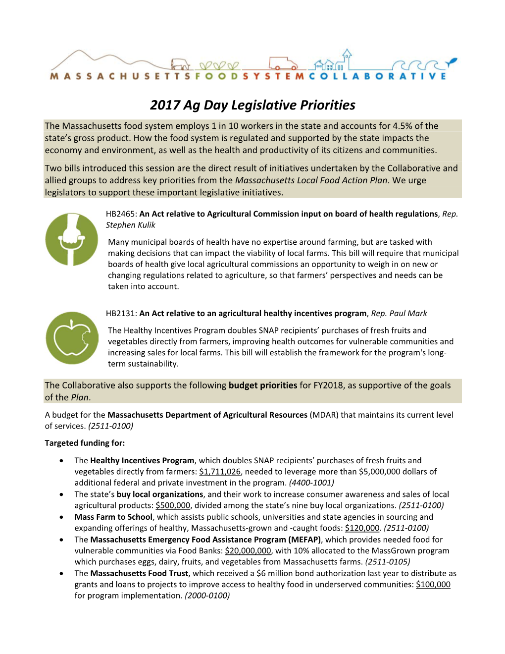 2017 Ag Day Legislative Priorities the Massachusetts Food System Employs 1 in 10 Workers in the State and Accounts for 4.5% of the State’S Gross Product