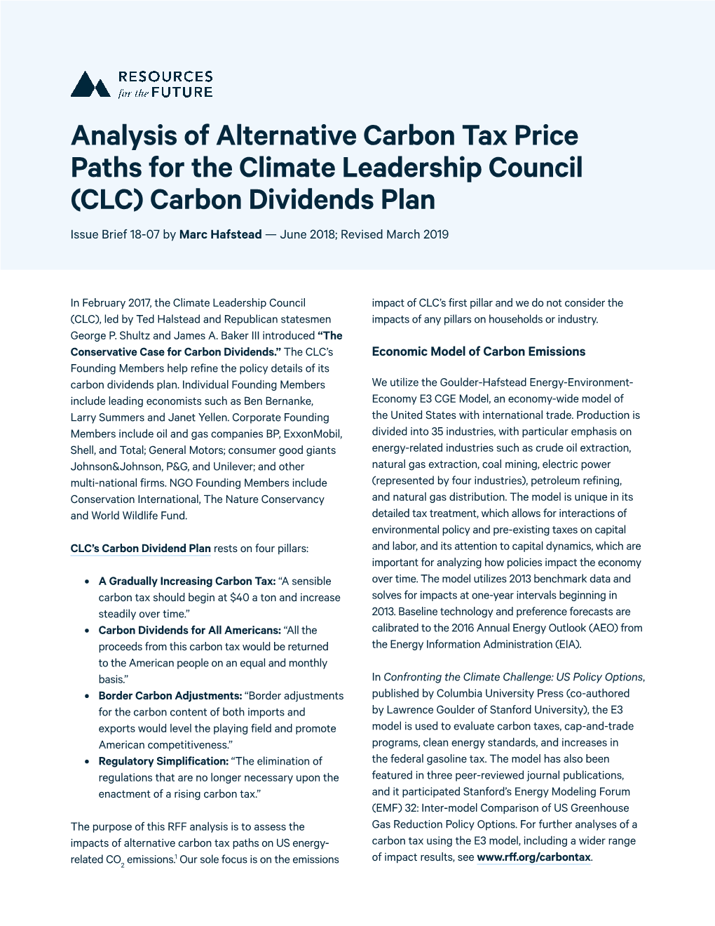 Analysis of Alternative Carbon Tax Price Paths for the Climate Leadership Council