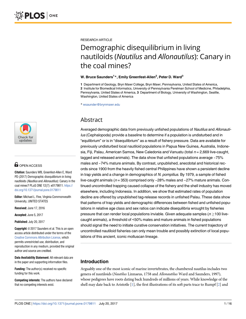 Demographic Disequilibrium in Living Nautiloids (Nautilus and Allonautilus): Canary in the Coal Mines?