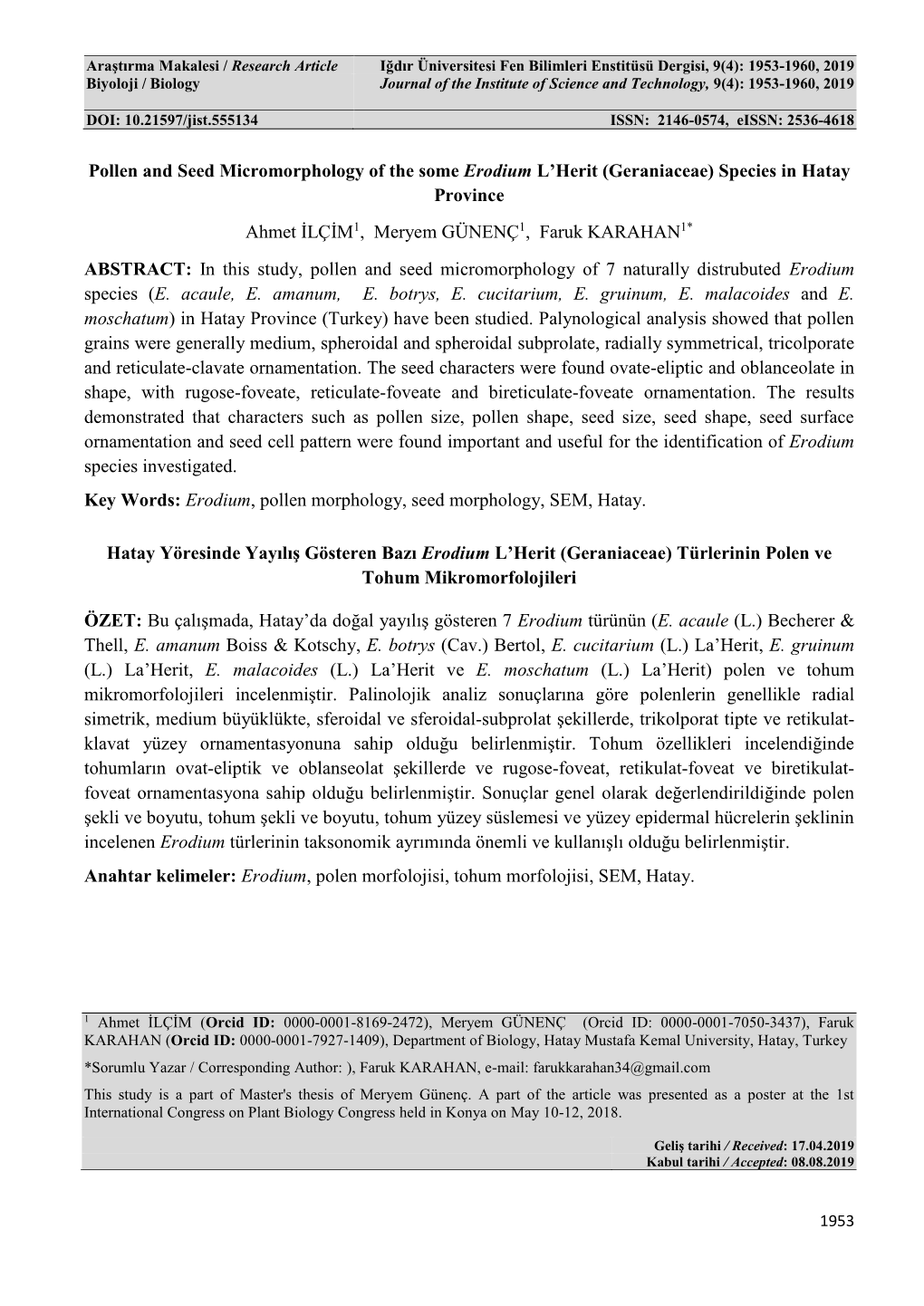 Pollen and Seed Micromorphology of the Some Erodium L'herit