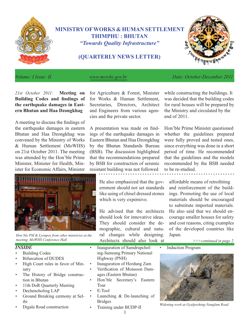 BHUTAN “Towards Quality Infrastructure” (QUARTERLY NEWS