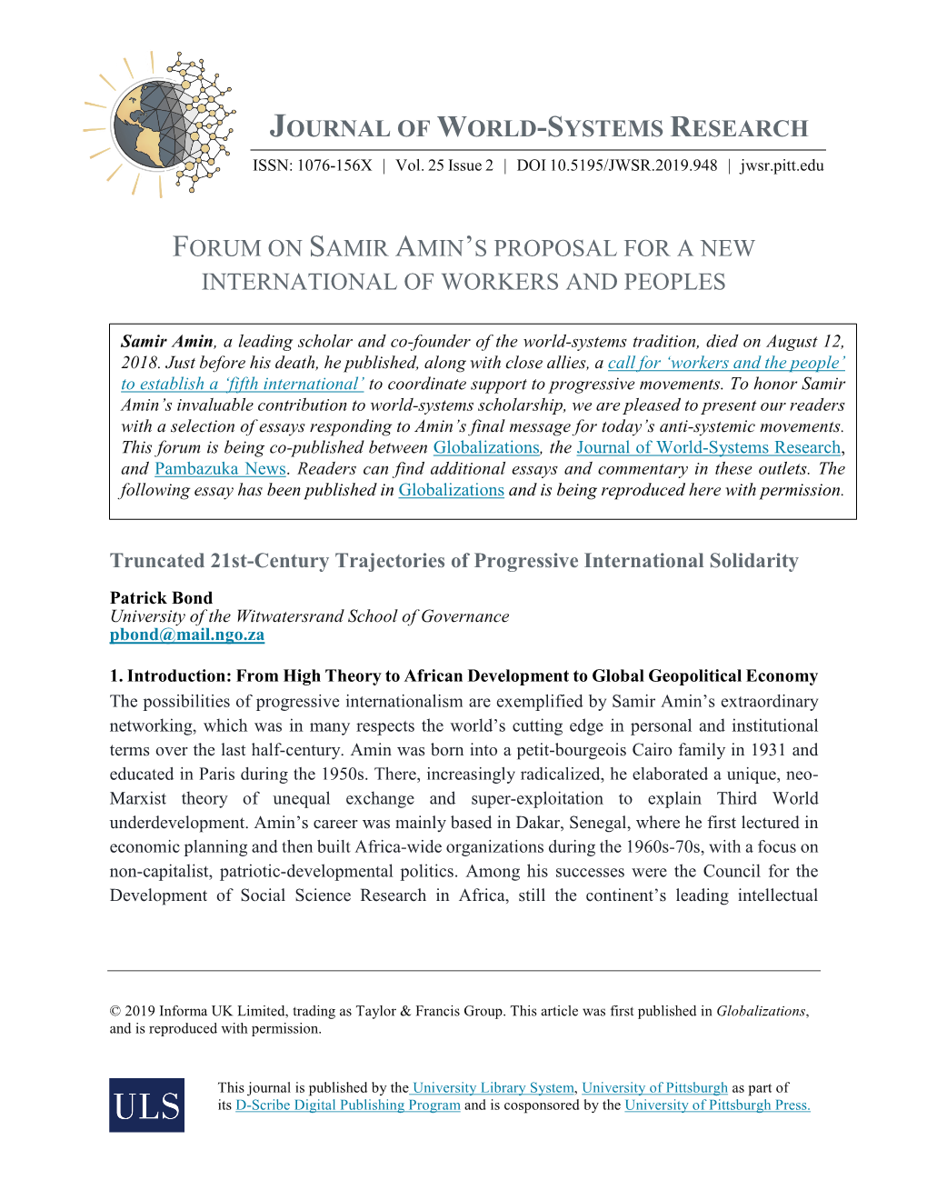 Journal of World-Systems Research Forum on Samir