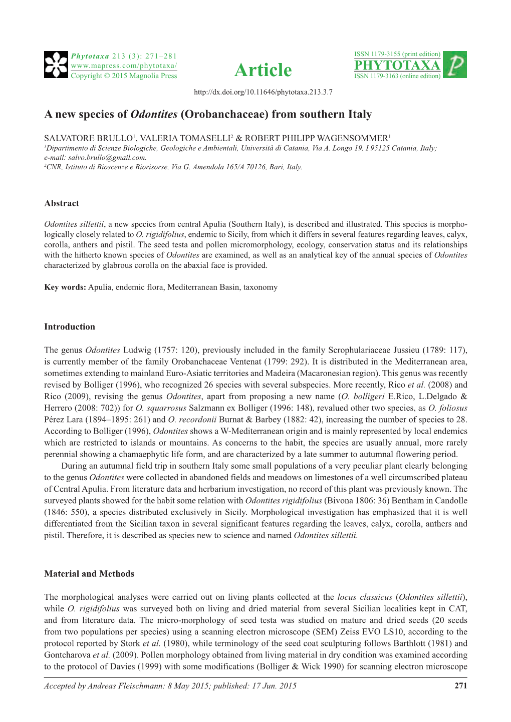 A New Species of Odontites (Orobanchaceae) from Southern Italy