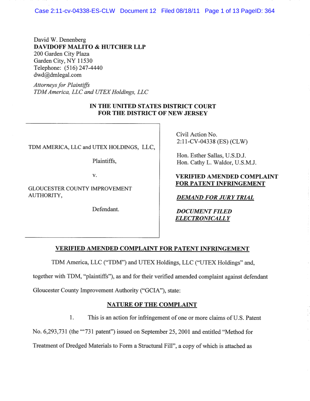 247-4440 Dwd@Dmlegal.Com Attorneys for Plaintiffs TDM America, LLC and UTEX Holdings, LLC