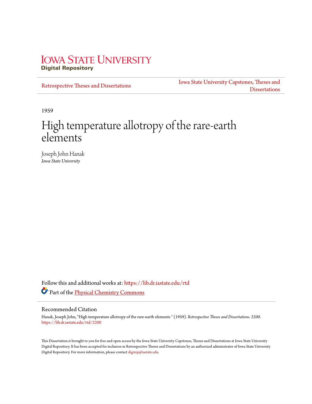 High Temperature Allotropy of the Rare-Earth Elements Joseph John Hanak Iowa State University