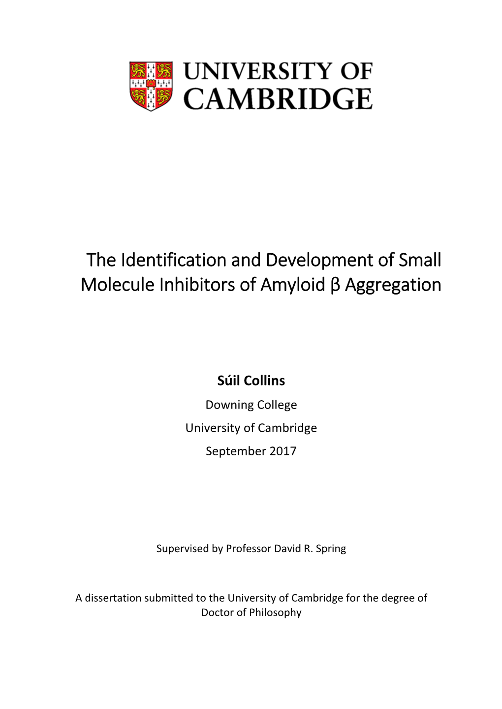 The Identification and Development of Small Molecule Inhibitors of Amyloid Β Aggregation