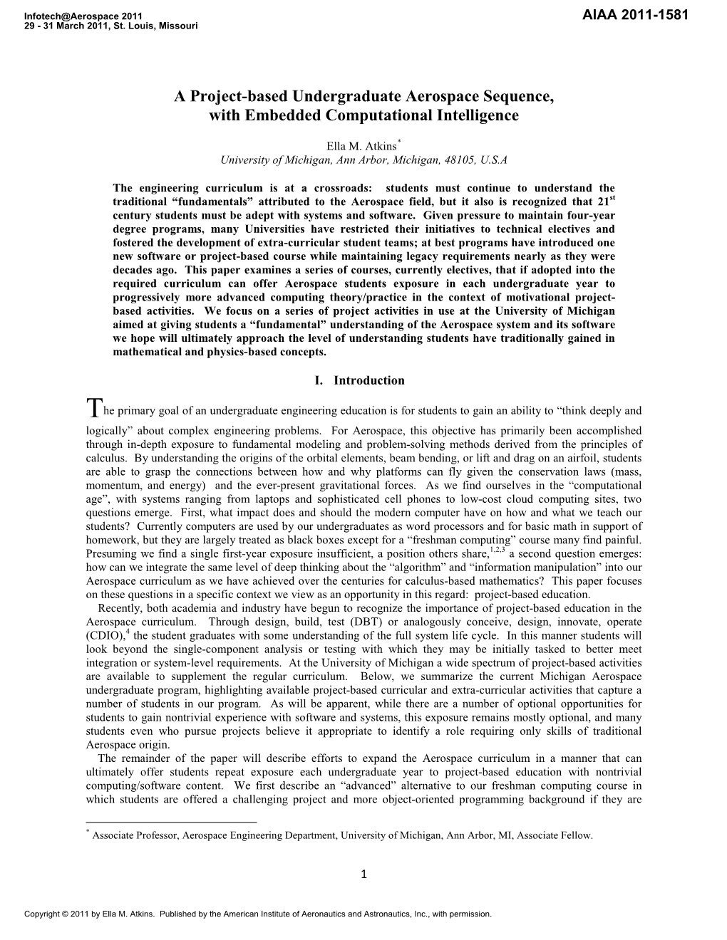 A Project-Based Undergraduate Aerospace Sequence, with Embedded Computational Intelligence