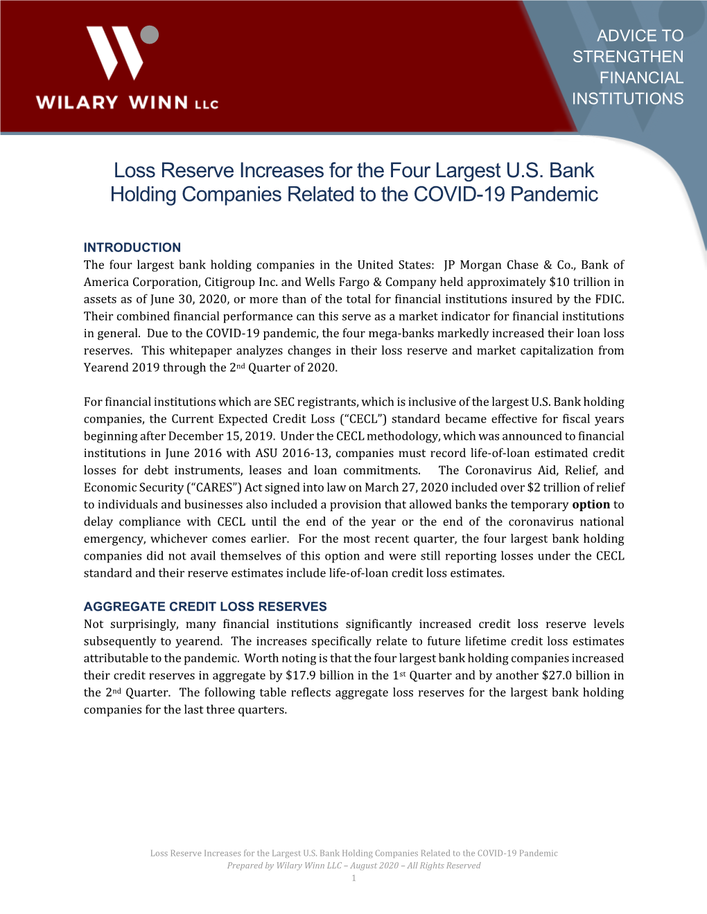 Loss Reserve Increases for the Four Largest U.S. Bank Holding Companies Related to the COVID-19 Pandemic