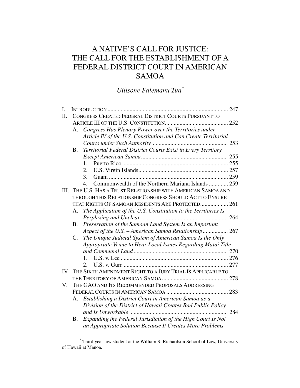 THE CALL for the ESTABLISHMENT of a FEDERAL DISTRICT COURT in AMERICAN SAMOA Uilisone Falemanu Tua *