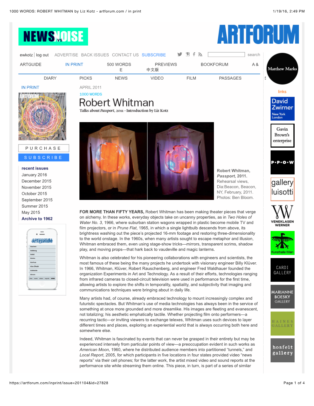 ROBERT WHITMAN by Liz Kotz - Artforum.Com / in Print 1/19/16, 2:49 PM