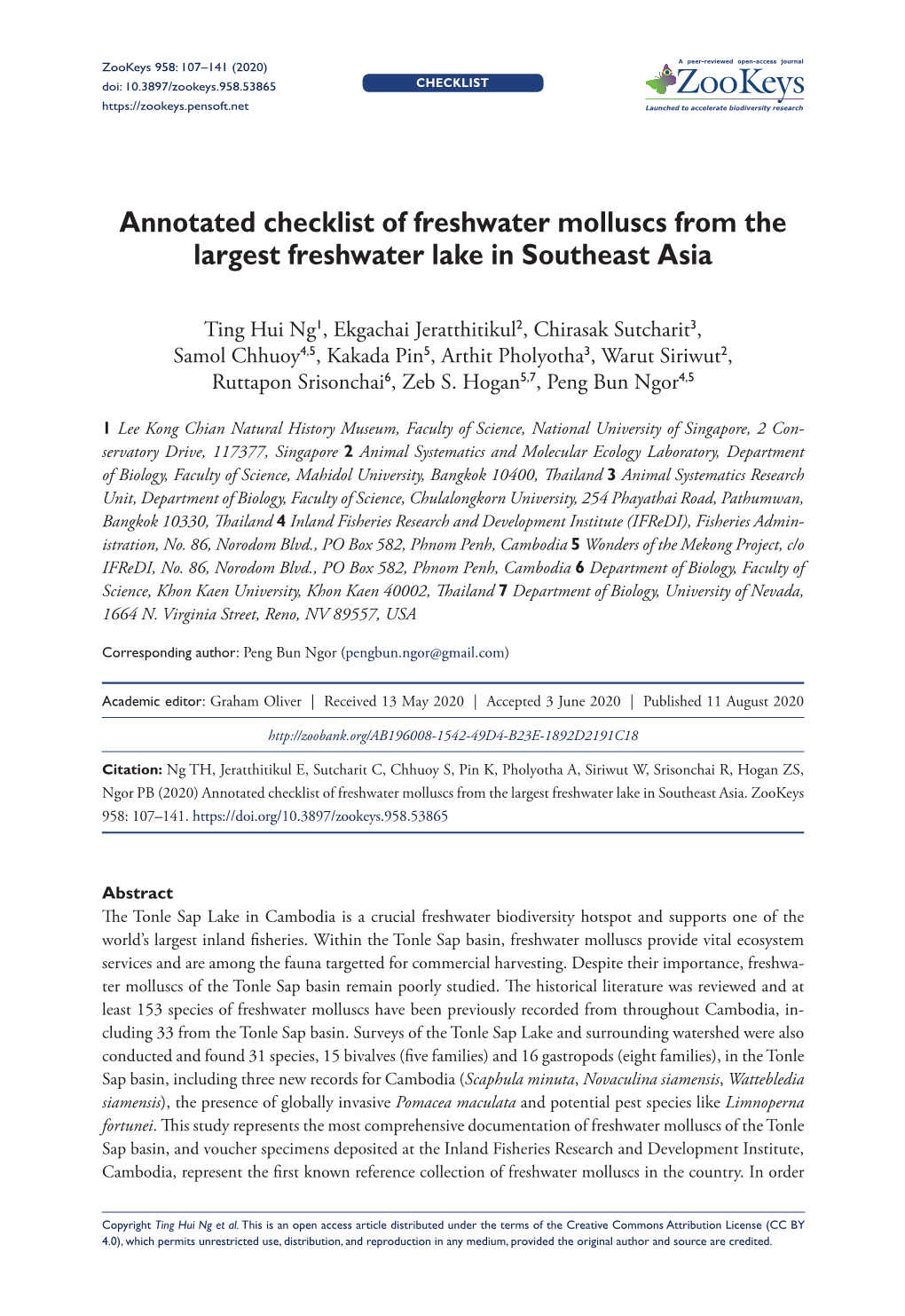 Annotated Checklist of Freshwater Molluscs from the Largest Freshwater Lake in Southeast Asia