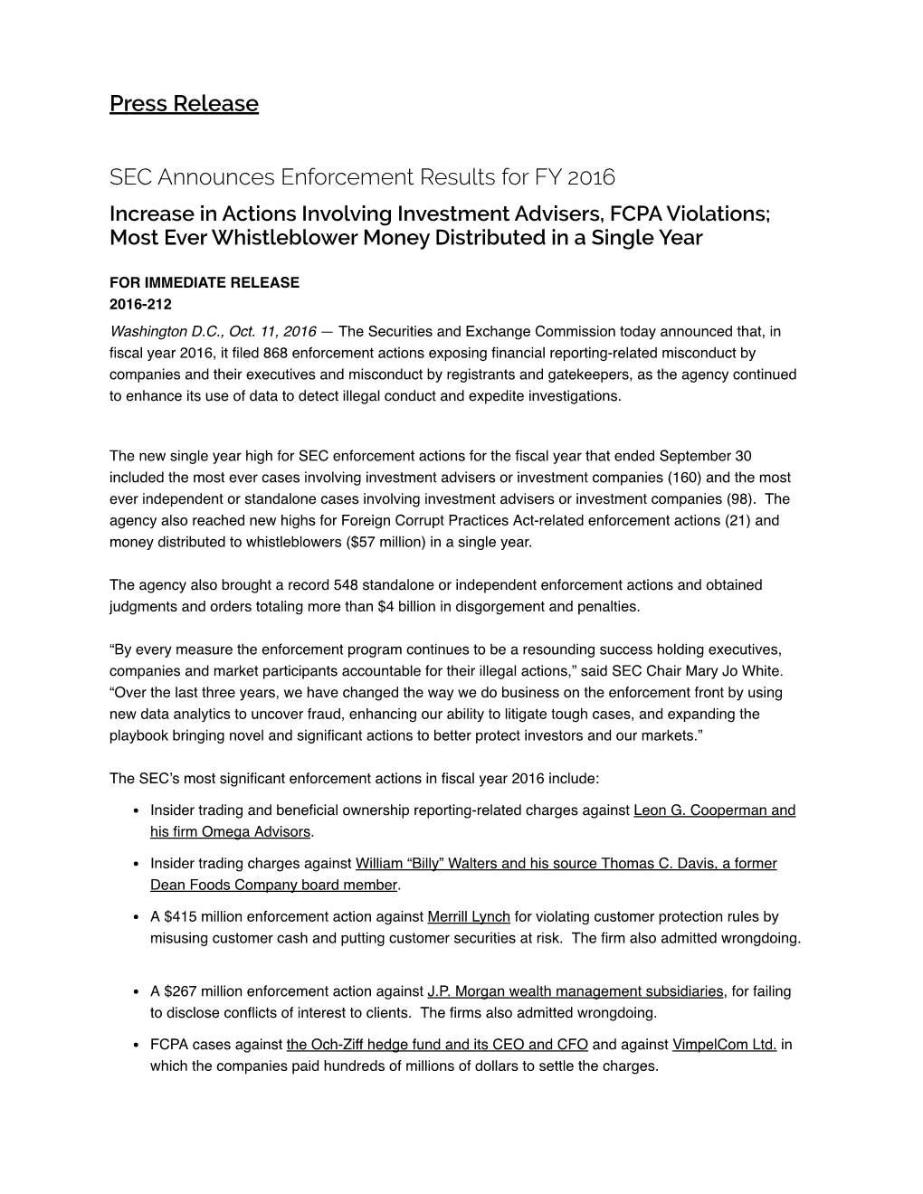 Press Release SEC Announces Enforcement Results for FY 2016