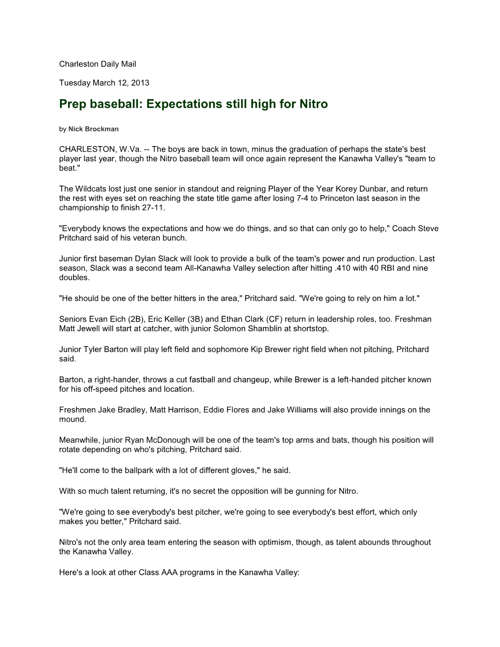 Prep Baseball: Expectations Still High for Nitro by Nick Brockman