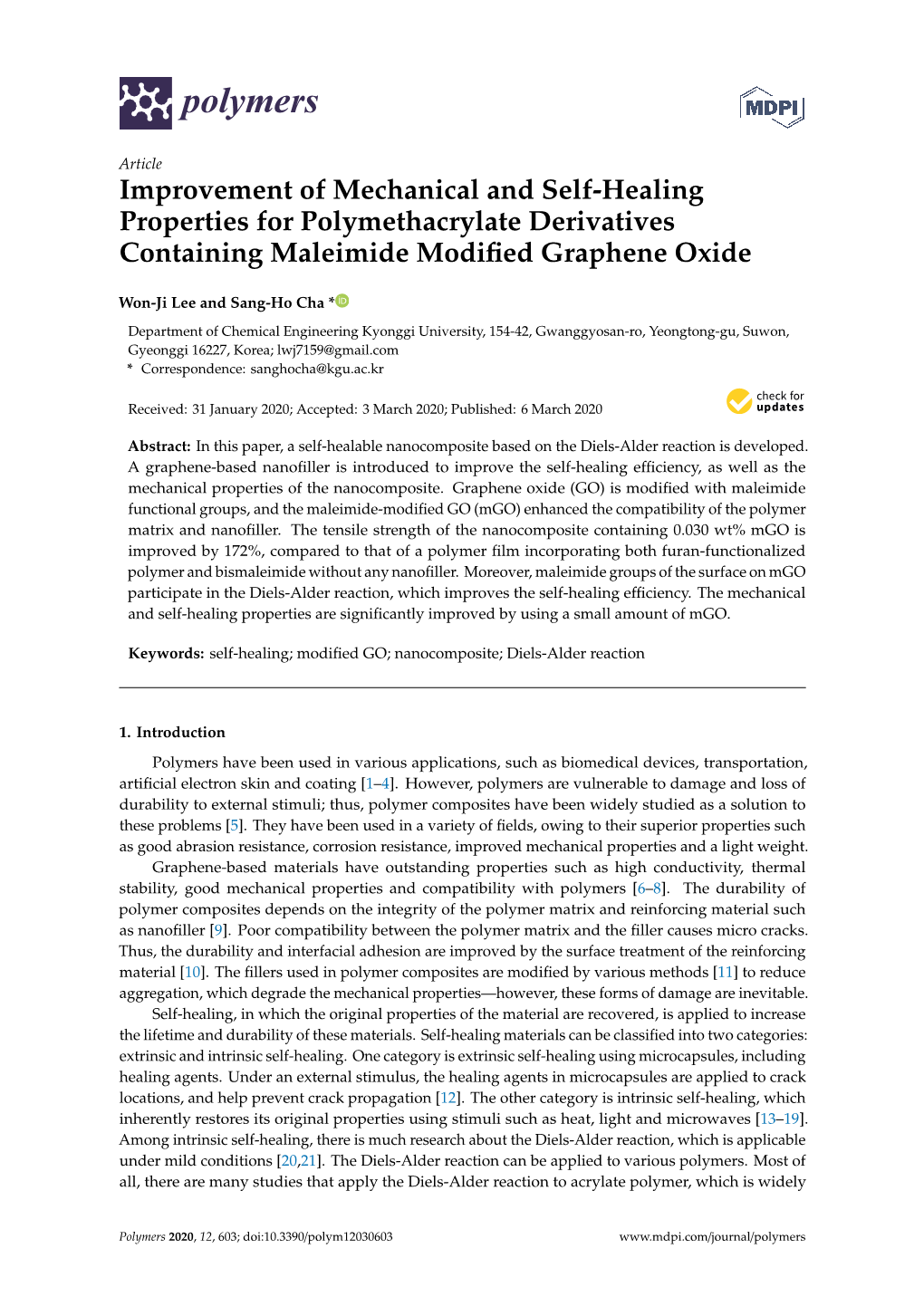 Improvement of Mechanical and Self-Healing Properties for Polymethacrylate Derivatives Containing Maleimide Modiﬁed Graphene Oxide