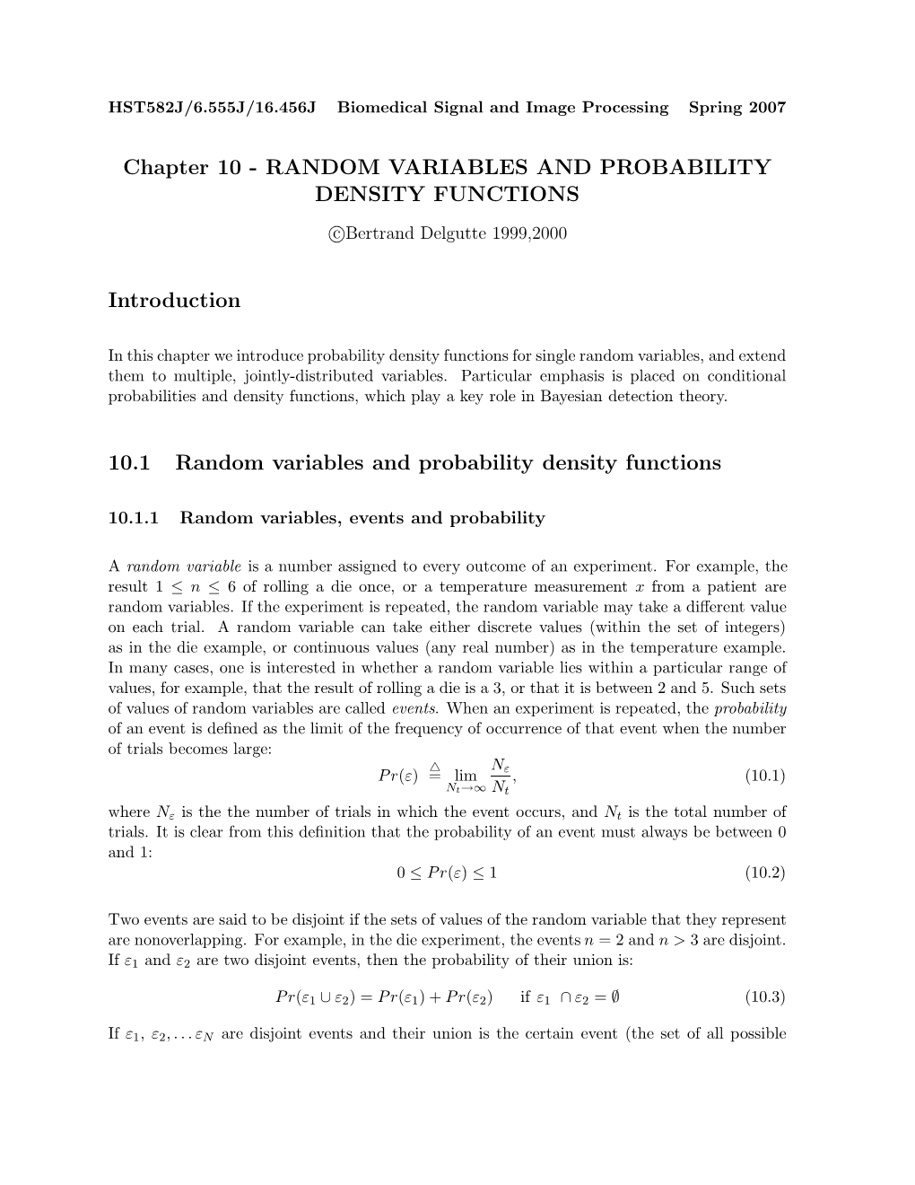 Chapter 10 - RANDOM VARIABLES and PROBABILITY DENSITY FUNCTIONS