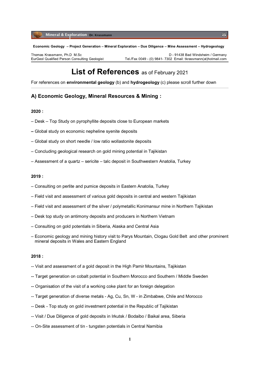 List of Current References, As of February 2021