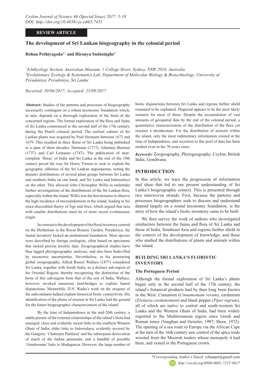 The Development of Sri Lankan Biogeography in the Colonial Period