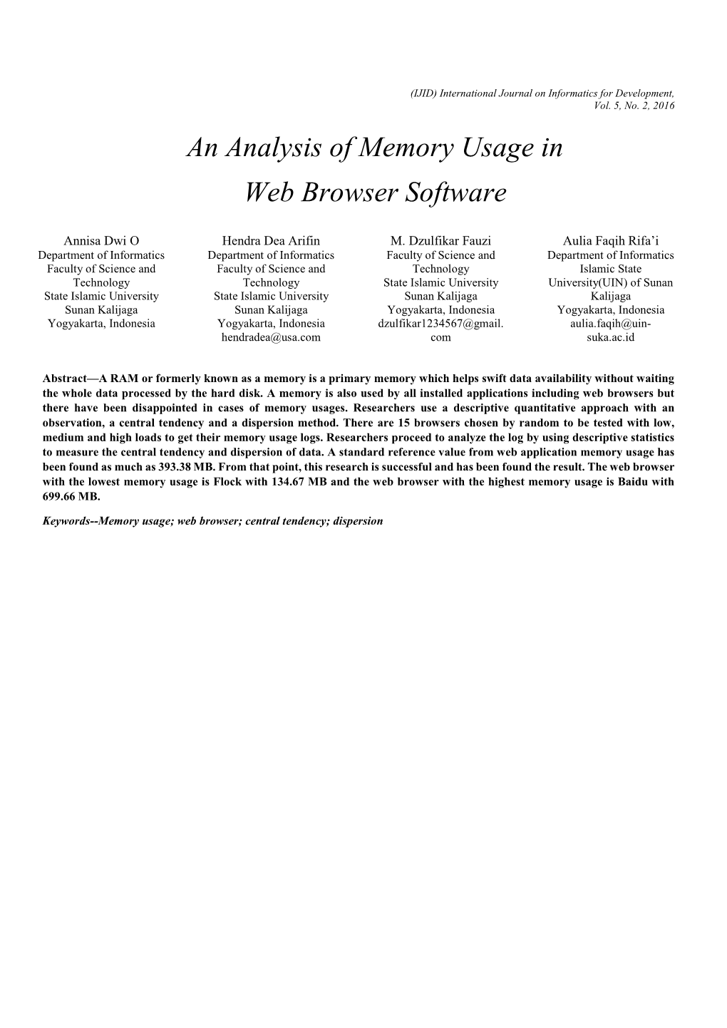 An Analysis of Memory Usage in Web Browser Software