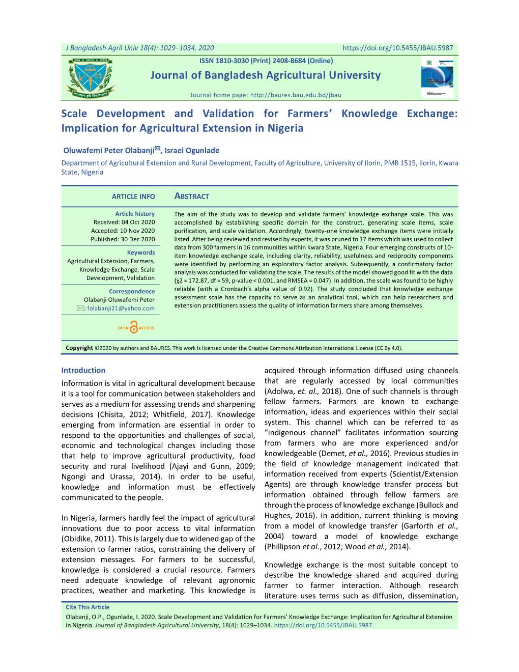 Scale Development and Validation for Farmers' Knowledge Exchange