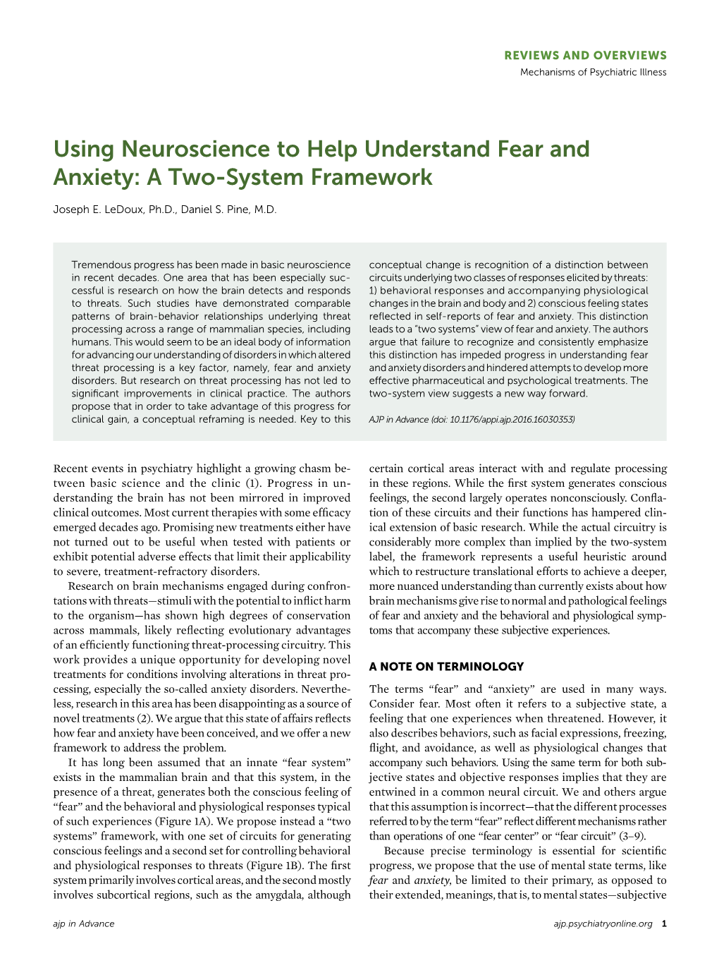 Using Neuroscience to Help Understand Fear and Anxiety: a Two-System Framework