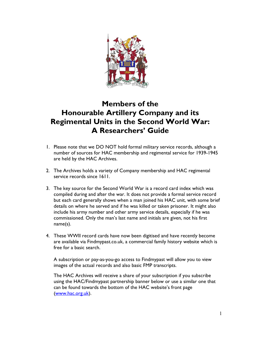 Members of the Honourable Artillery Company and Its Regimental Units in the Second World War: a Researchers’ Guide