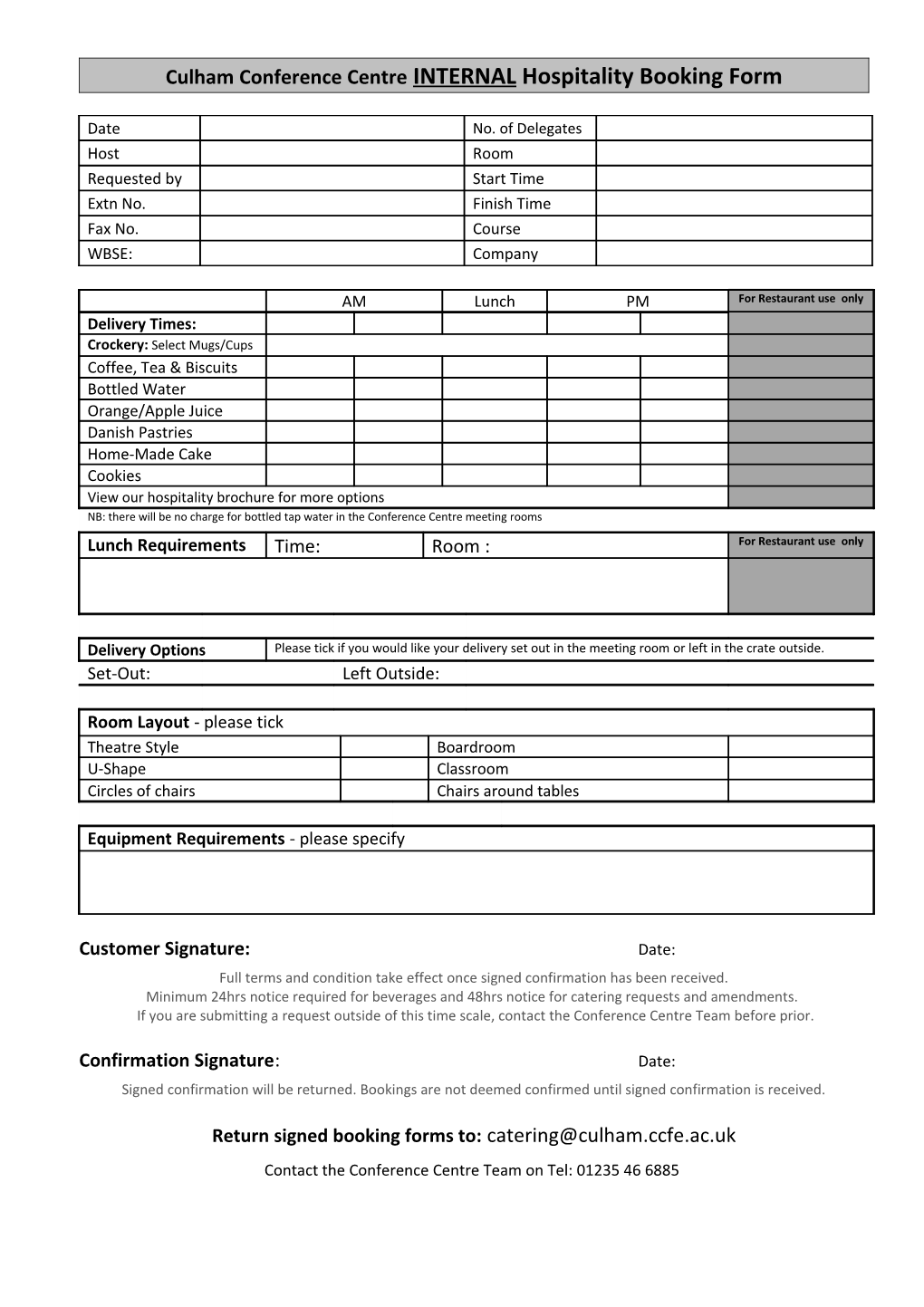 Catering & Conference Booking & Charges Form