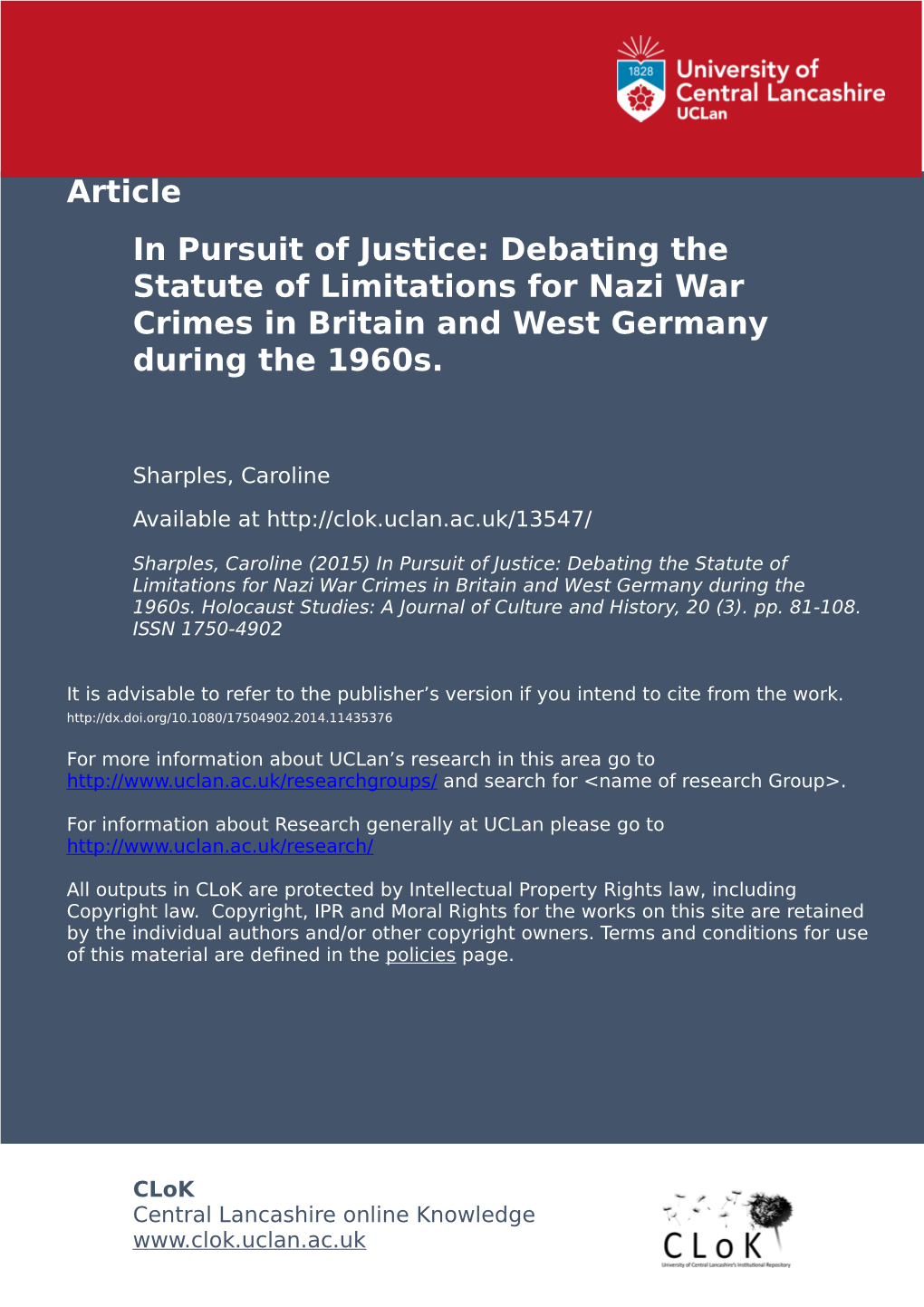 Debating the Statute of Limitations for Nazi War Crimes in Britain and West Germany During the 1960S