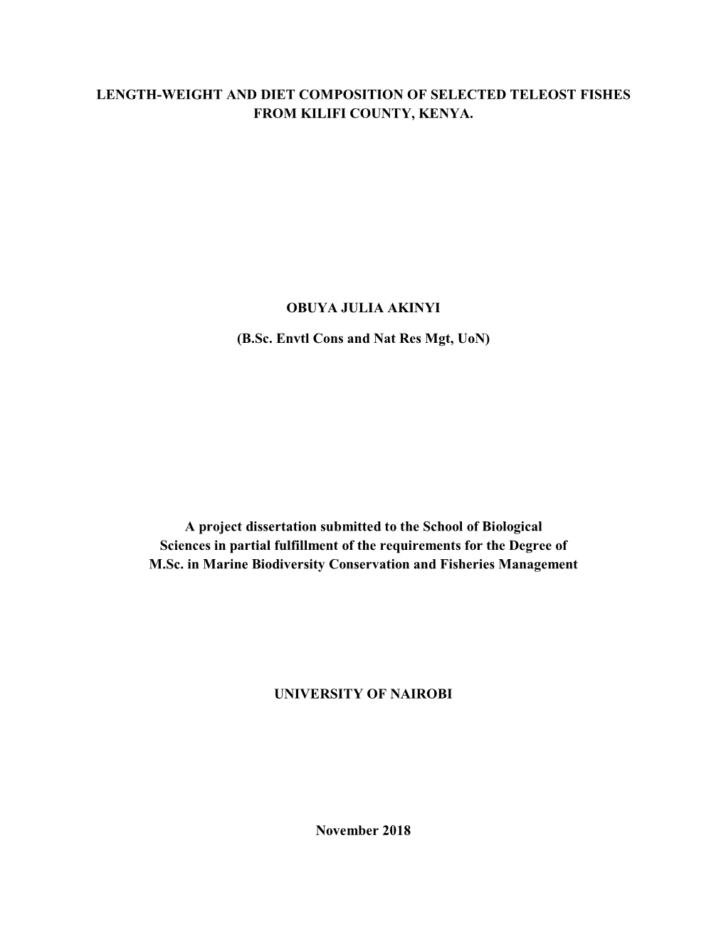 Length-Weight and Diet Composition of Selected Teleost Fishes from Kilifi County, Kenya