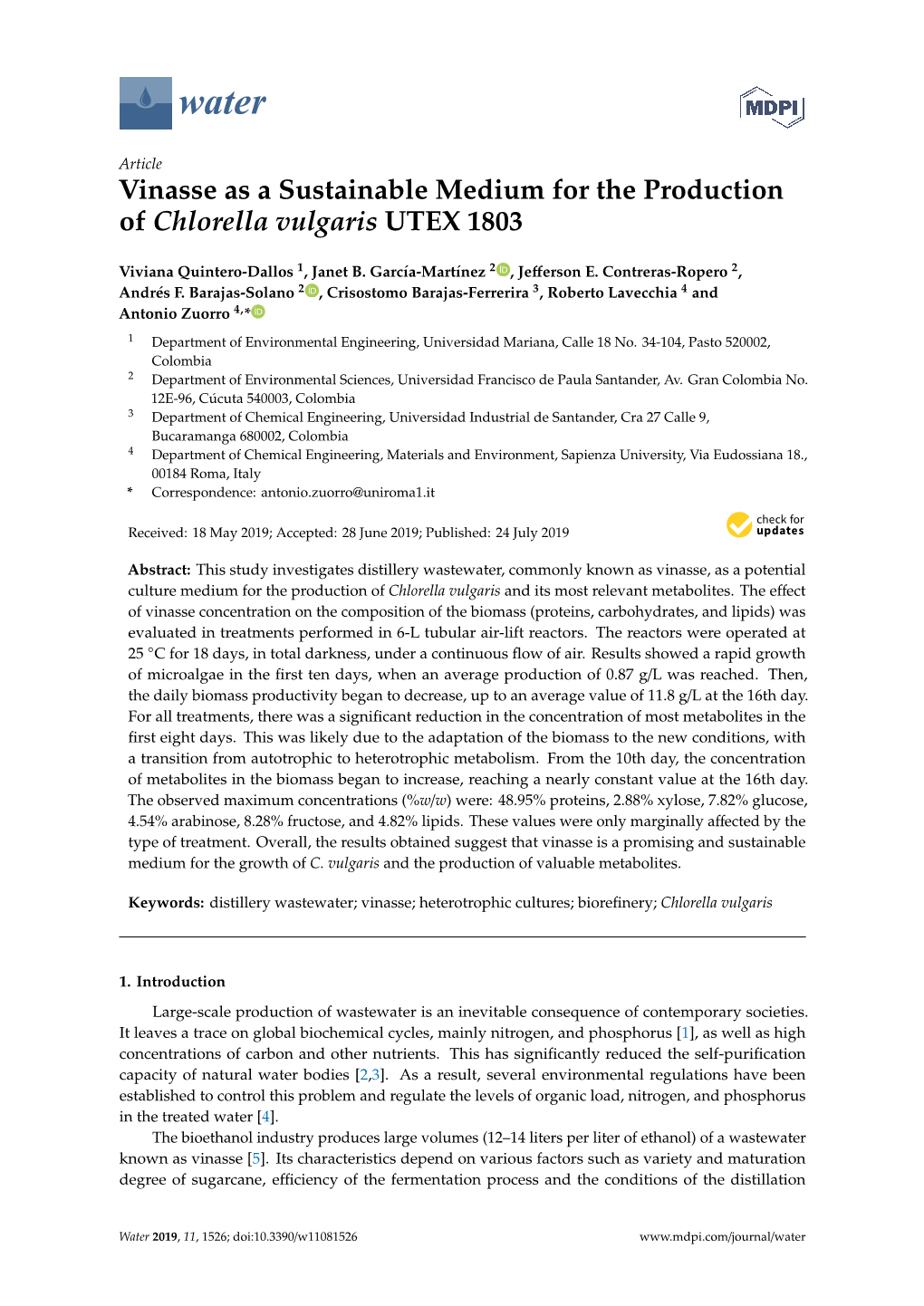 Vinasse As a Sustainable Medium for the Production of Chlorella Vulgaris UTEX 1803