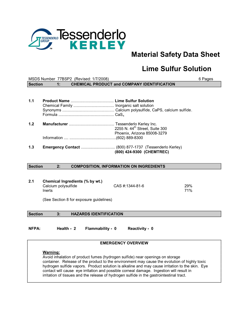 Material Safety Data Sheet Lime Sulfur Solution