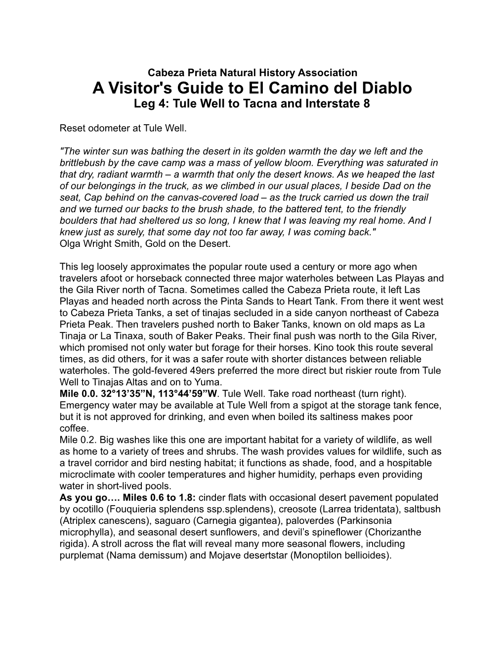 A Visitor's Guide to El Camino Del Diablo Leg 4: Tule Well to Tacna and Interstate 8
