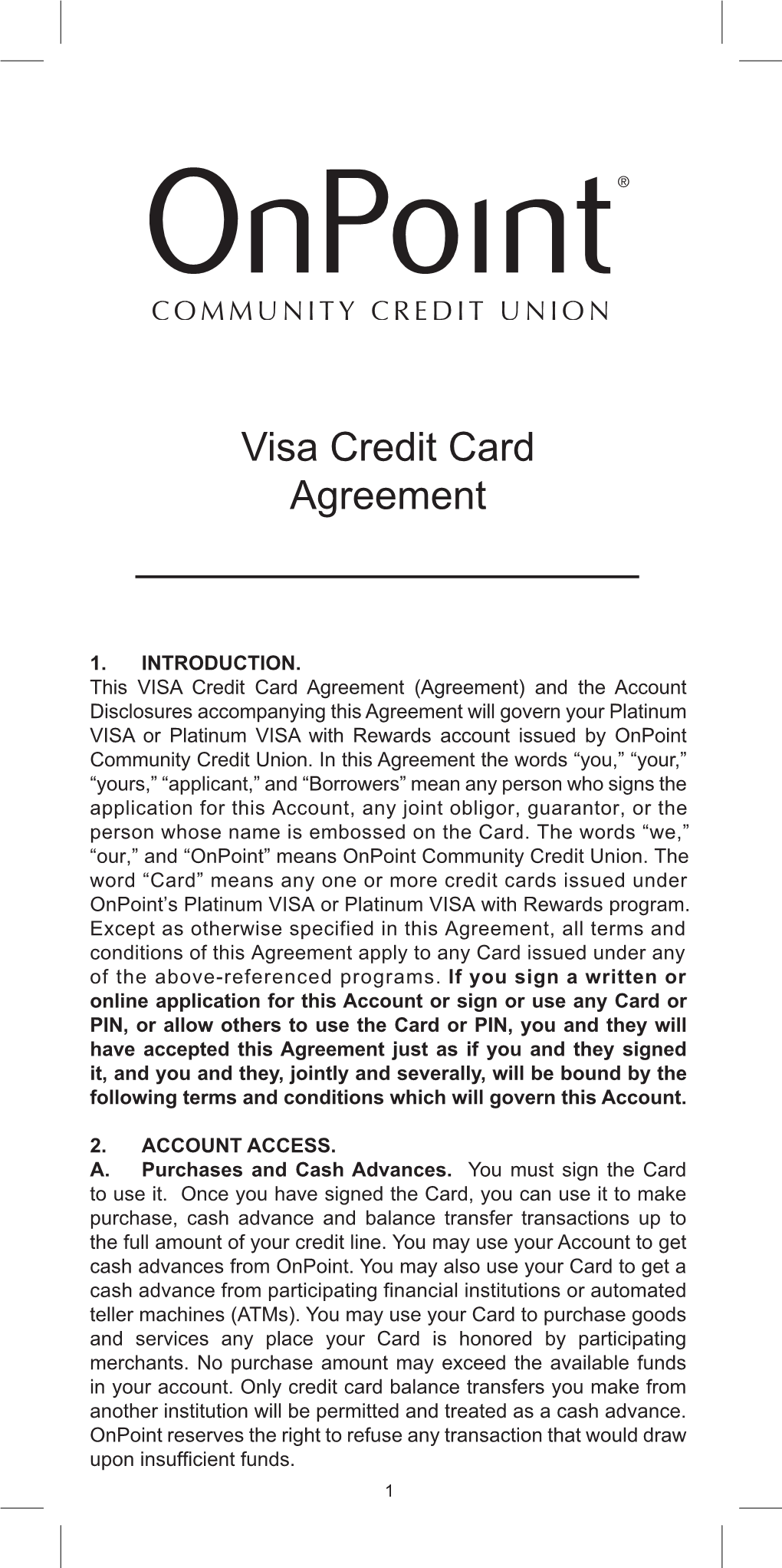 Onpoint Visa Credit Card Agreement